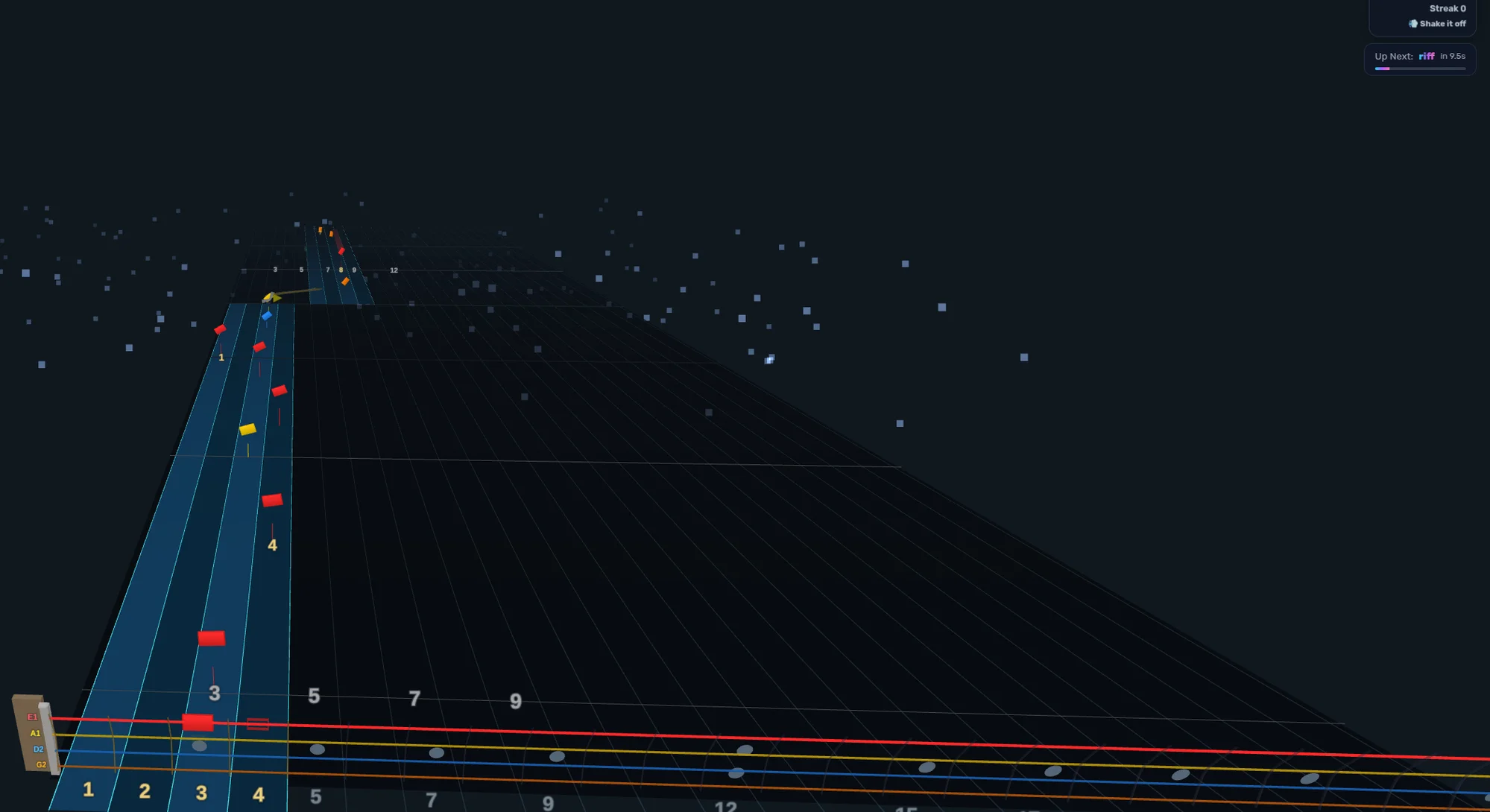 3D bass highway — four-string lanes with note gems approaching