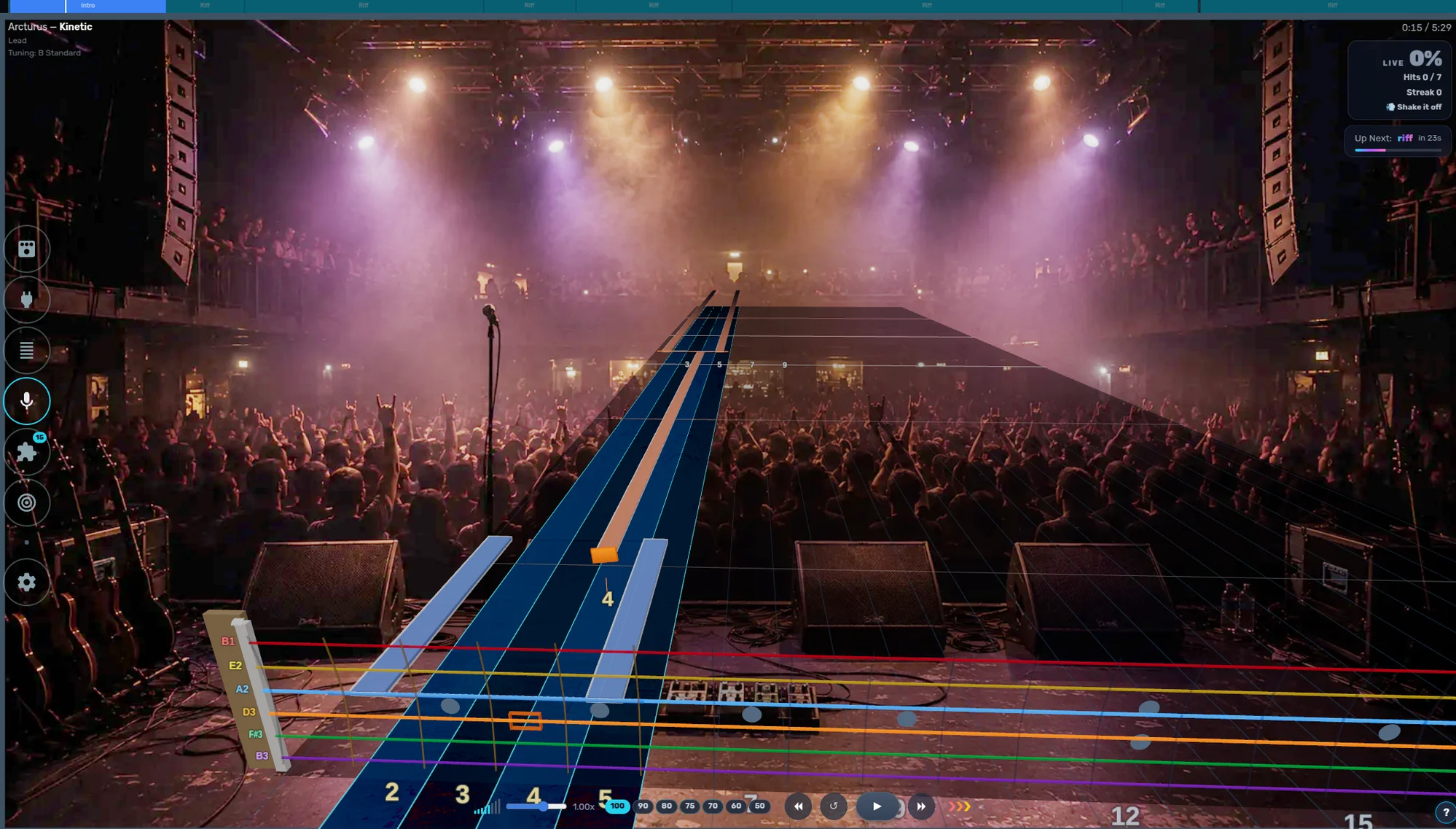 3D guitar highway over a live concert stage backdrop