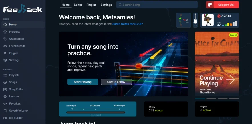 fee[dB]ack home screen — library, practice panel, and live rig status