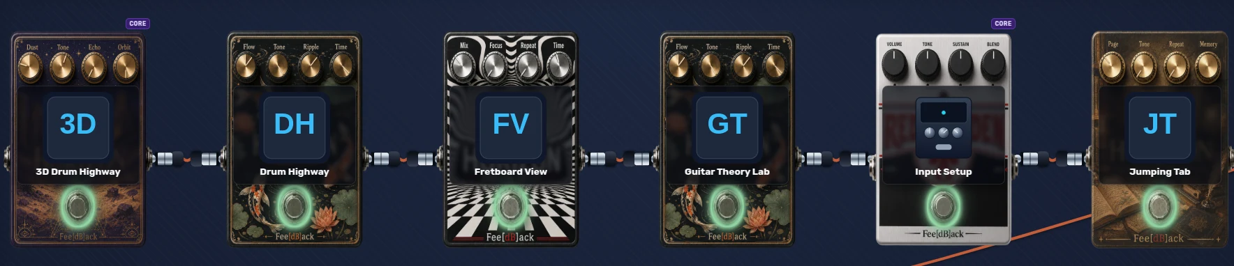fee[dB]ack plugin pedalboard — 3D Drum Highway, Drum Highway, Fretboard View, Guitar Theory Lab, Input Setup, and Jumping Tab pedals chained with patch cables