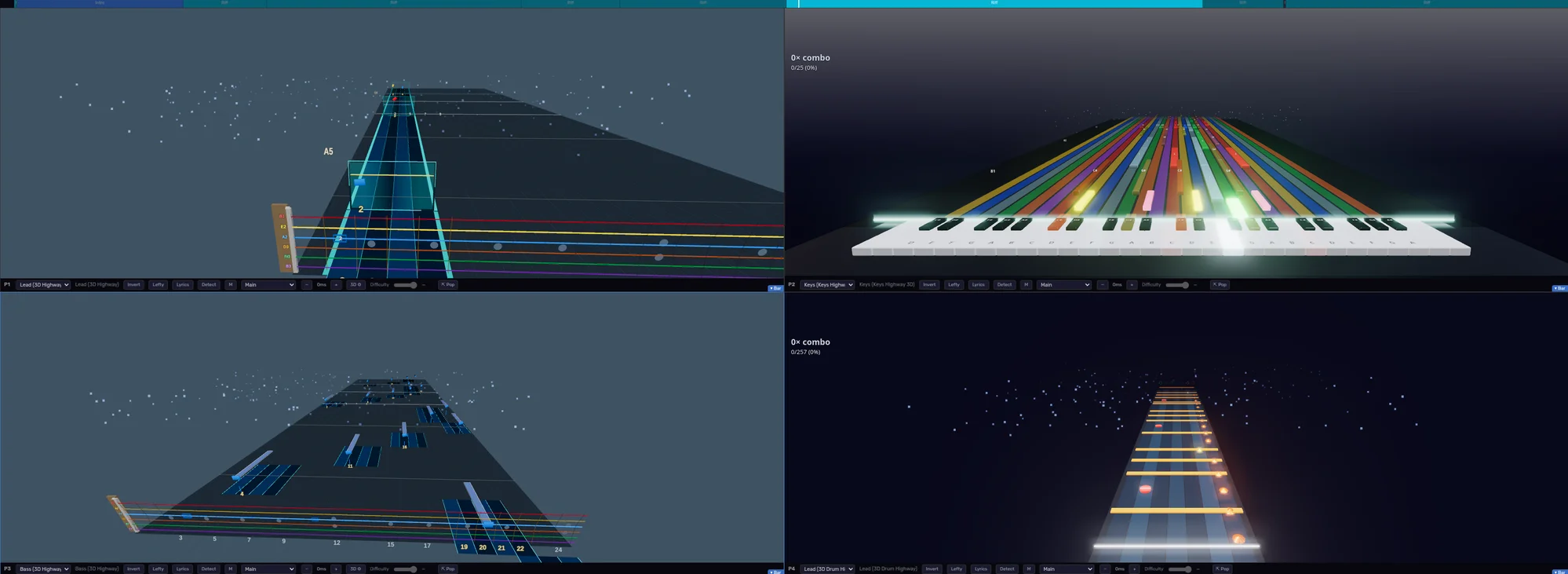 Four-player split screen — guitar, keys, bass, and drum highways playing together
