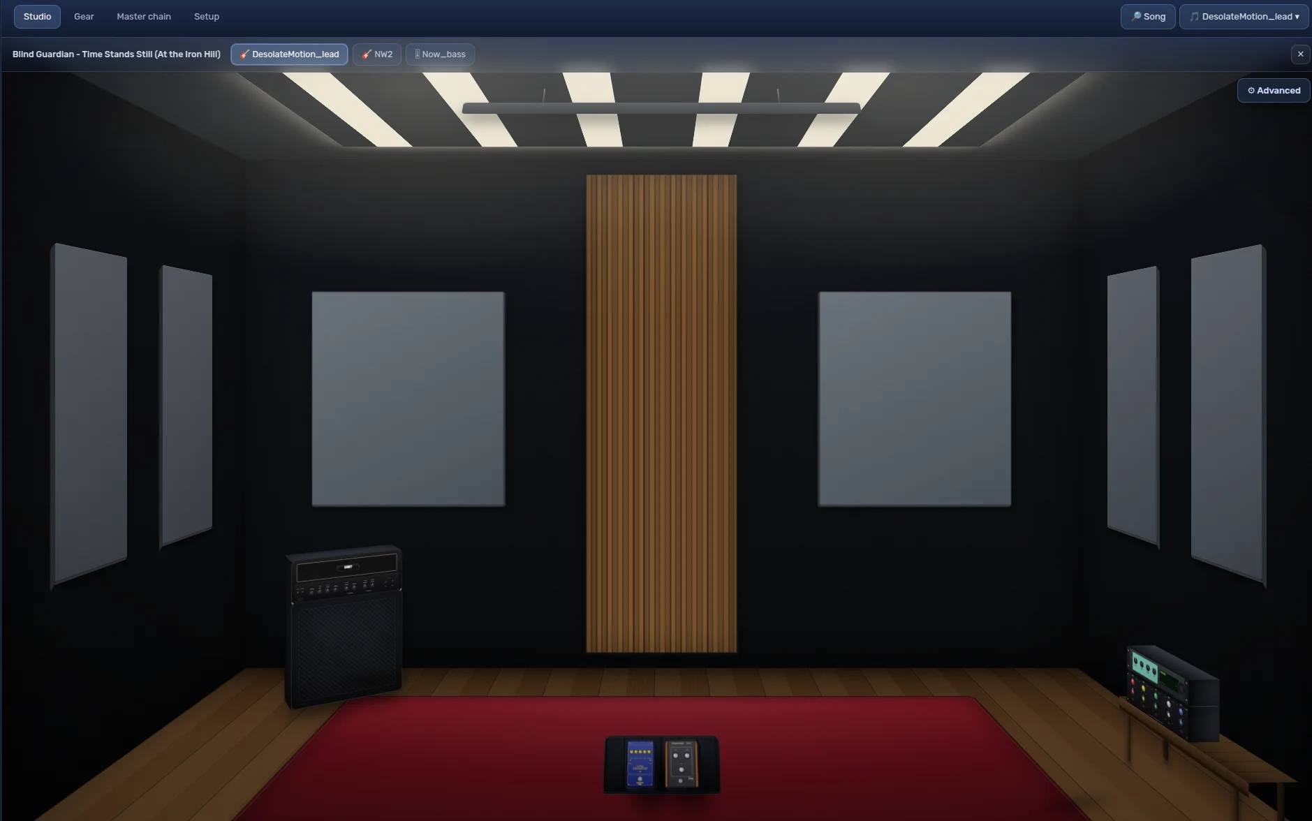 Studio room with amp, pedalboard, and acoustic treatment